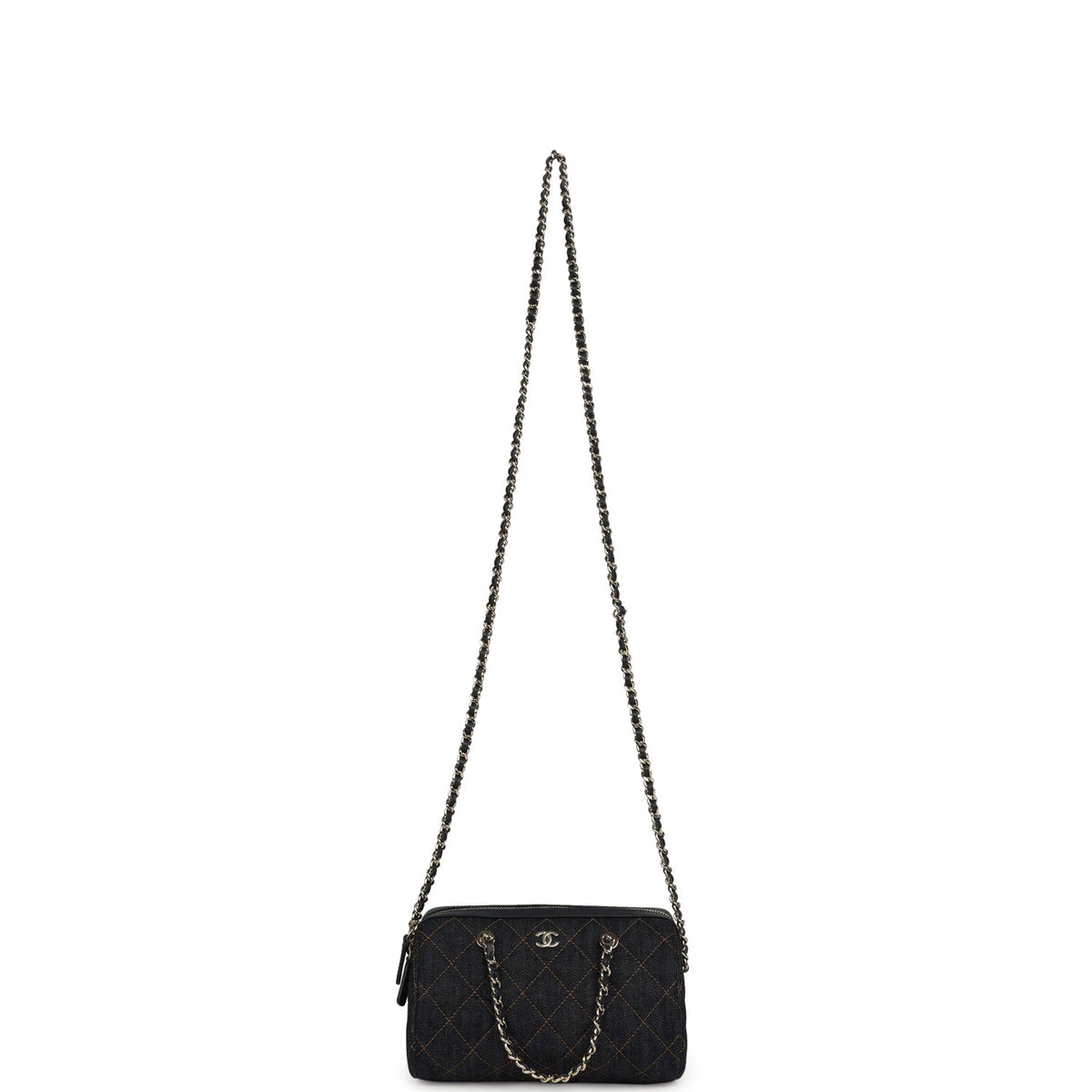 Chanel Mini Timeless Classic Barrel Bag with Chain Dark Blue Denim Light Gold Hardware