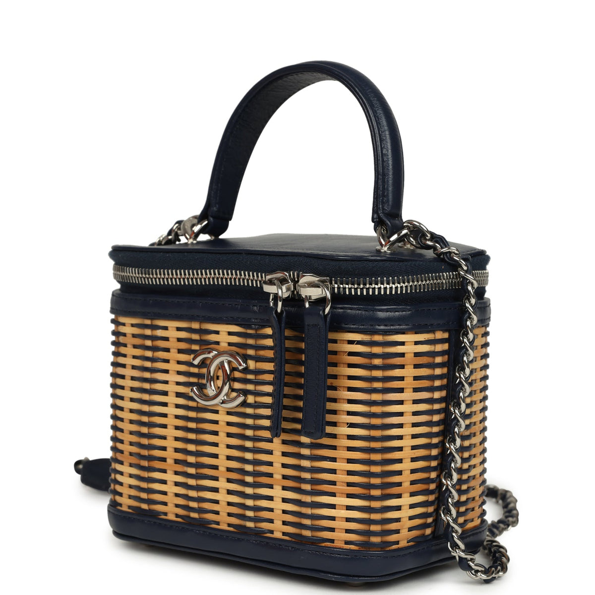 Pre-owned Chanel Small Top Handle Vanity Case Beige Raffia and Navy Calfskin Silver Hardware