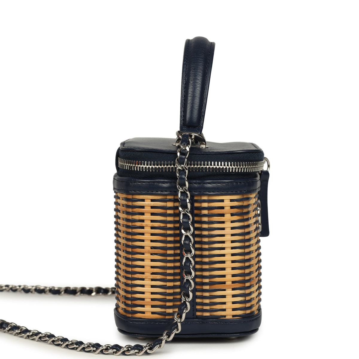 Pre-owned Chanel Small Top Handle Vanity Case Beige Raffia and Navy Calfskin Silver Hardware