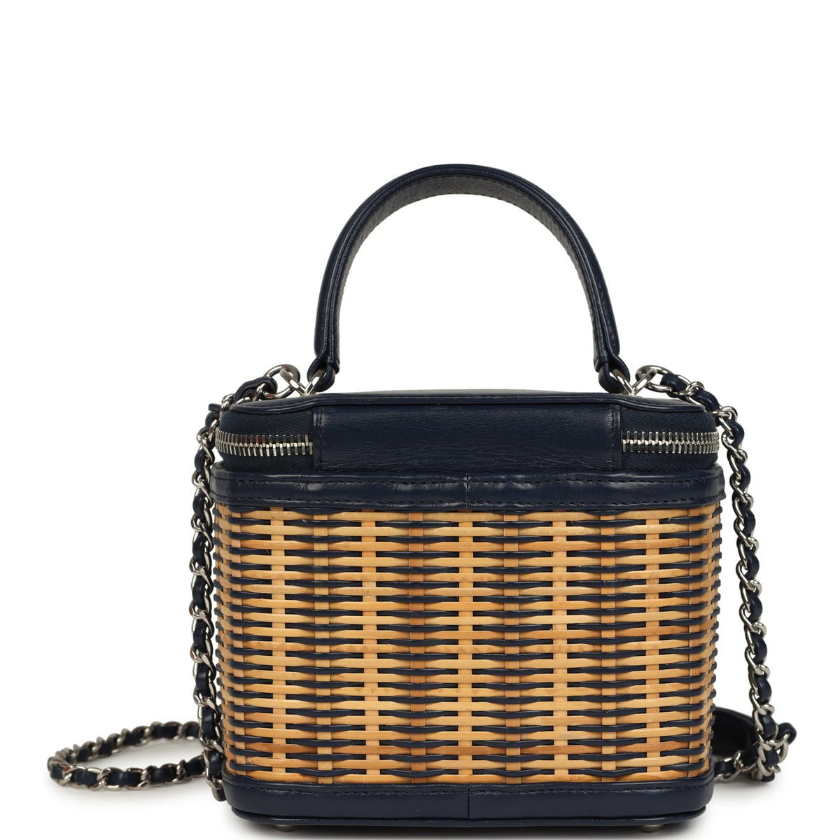 Pre-owned Chanel Small Top Handle Vanity Case Beige Raffia and Navy Calfskin Silver Hardware