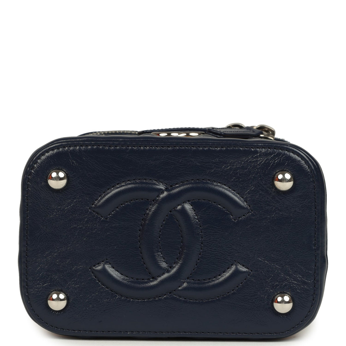 Pre-owned Chanel Small Top Handle Vanity Case Beige Raffia and Navy Calfskin Silver Hardware