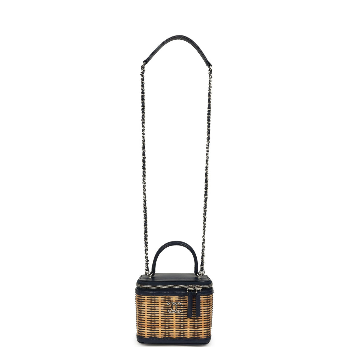 Pre-owned Chanel Small Top Handle Vanity Case Beige Raffia and Navy Calfskin Silver Hardware
