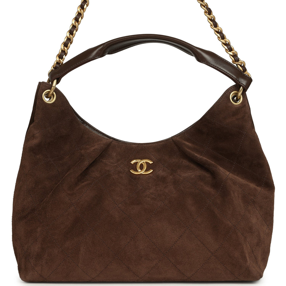 Chanel Maxi Hobo Bag Dark Brown Suede Antique Gold Hardware
