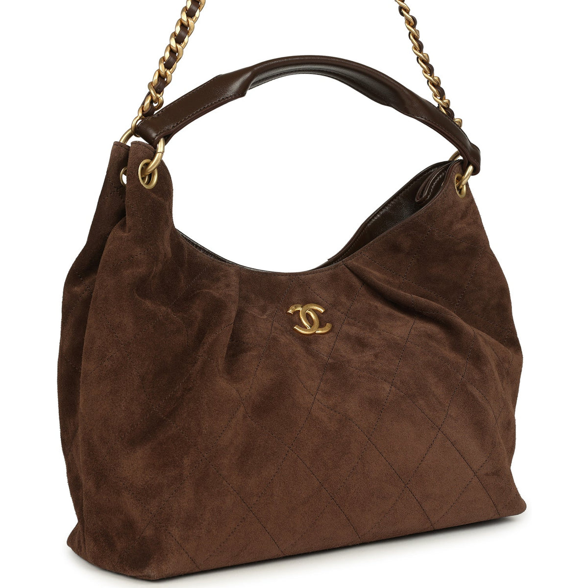 Chanel Maxi Hobo Bag Dark Brown Suede Antique Gold Hardware