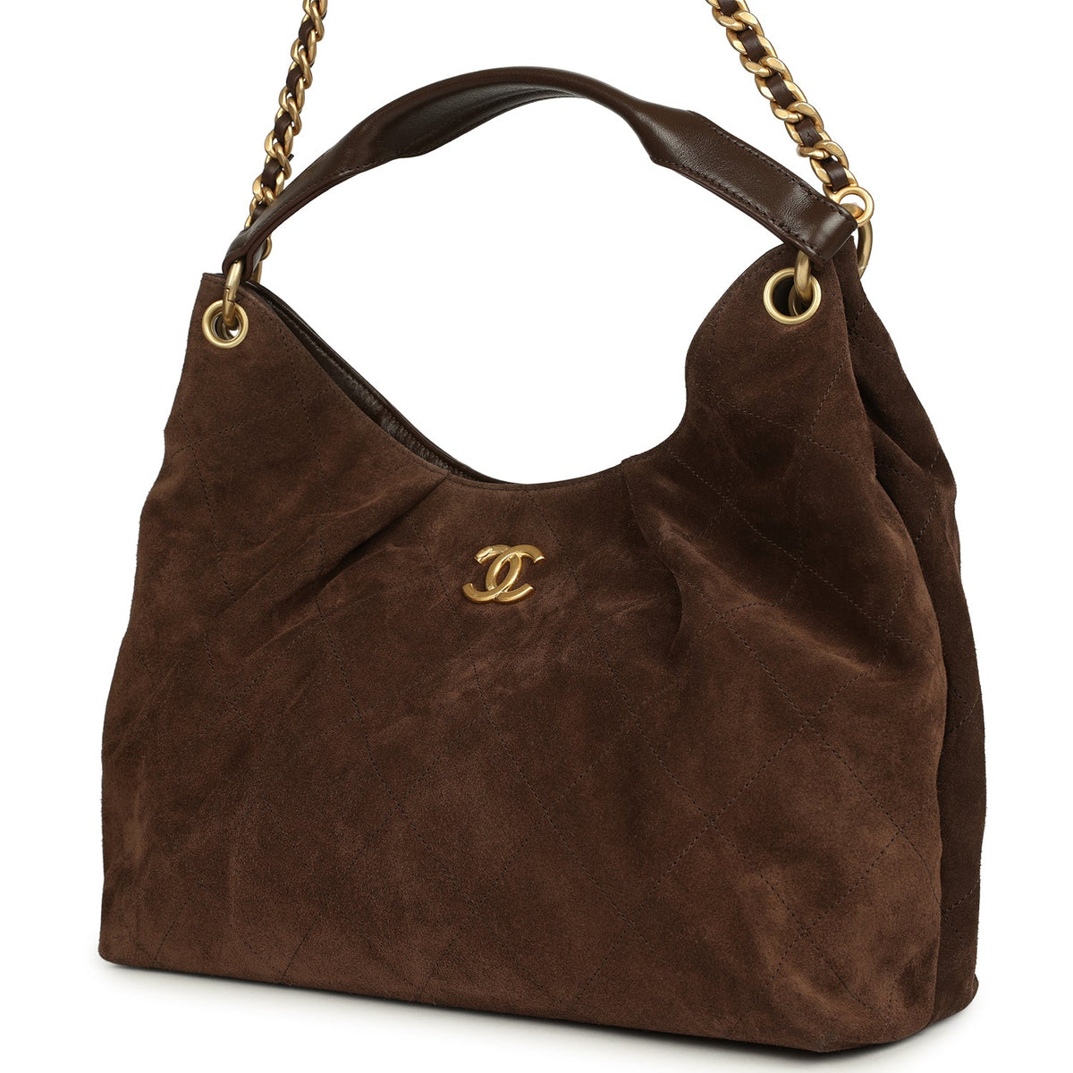 Chanel Maxi Hobo Bag Dark Brown Suede Antique Gold Hardware