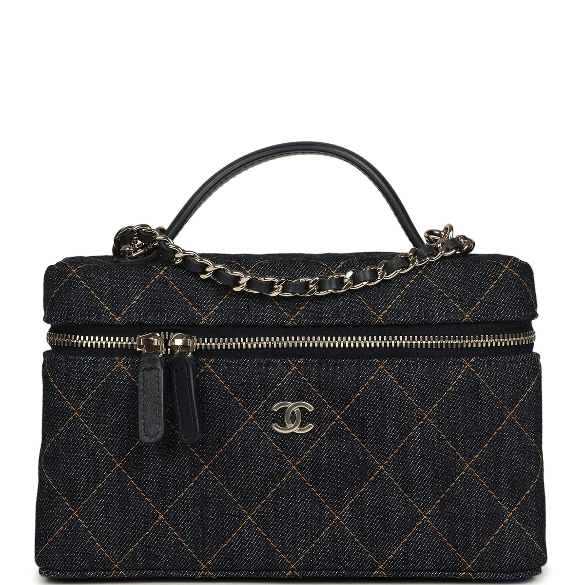 Chanel Top Handle Long Vanity Case with Chain Dark Blue Denim Light Gold Hardware