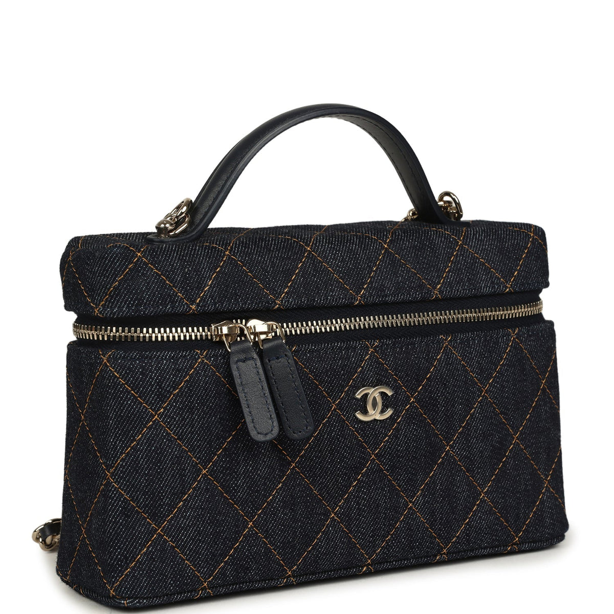 Chanel Top Handle Long Vanity Case with Chain Dark Blue Denim Light Gold Hardware