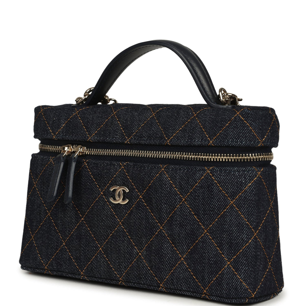 Chanel Top Handle Long Vanity Case with Chain Dark Blue Denim Light Gold Hardware