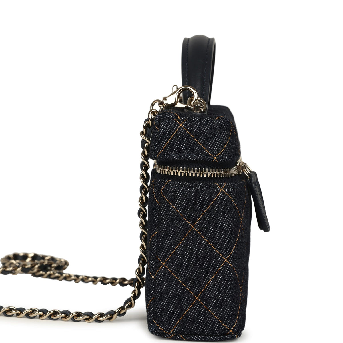Chanel Top Handle Long Vanity Case with Chain Dark Blue Denim Light Gold Hardware