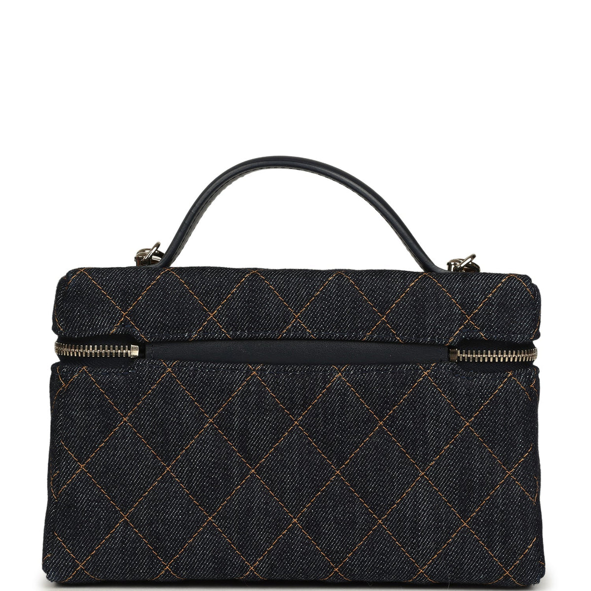 Chanel Top Handle Long Vanity Case with Chain Dark Blue Denim Light Gold Hardware