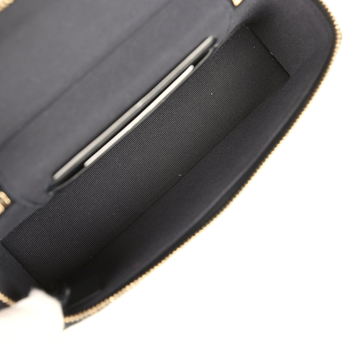 Chanel Top Handle Long Vanity Case with Chain Dark Blue Denim Light Gold Hardware