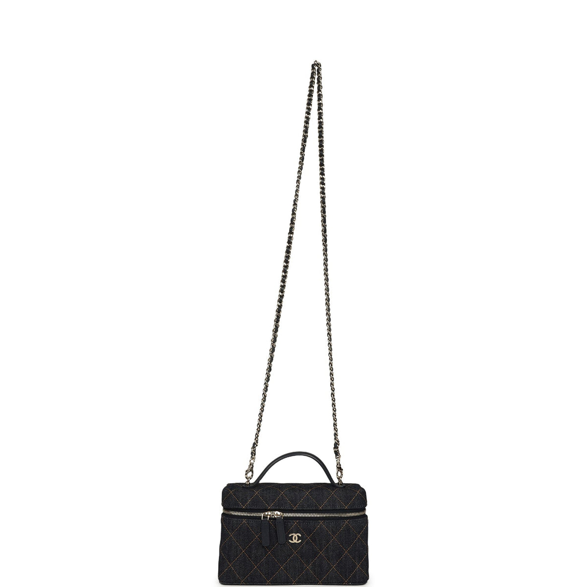 Chanel Top Handle Long Vanity Case with Chain Dark Blue Denim Light Gold Hardware
