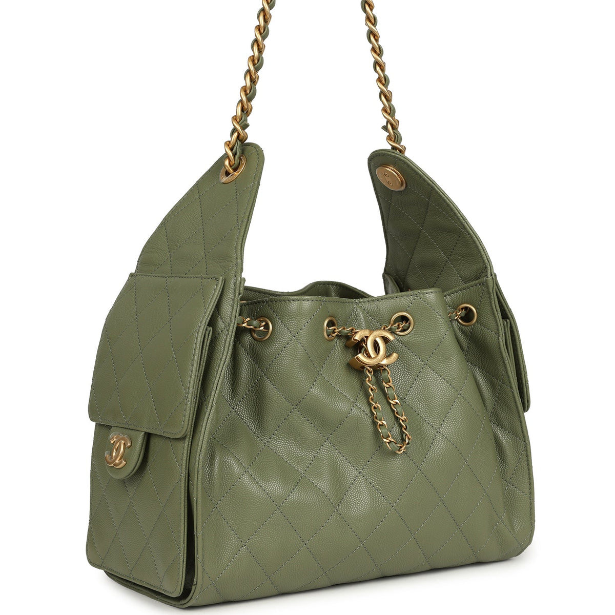 Chanel Small 25 Hobo Bag Green Caviar Antique Gold Hardware