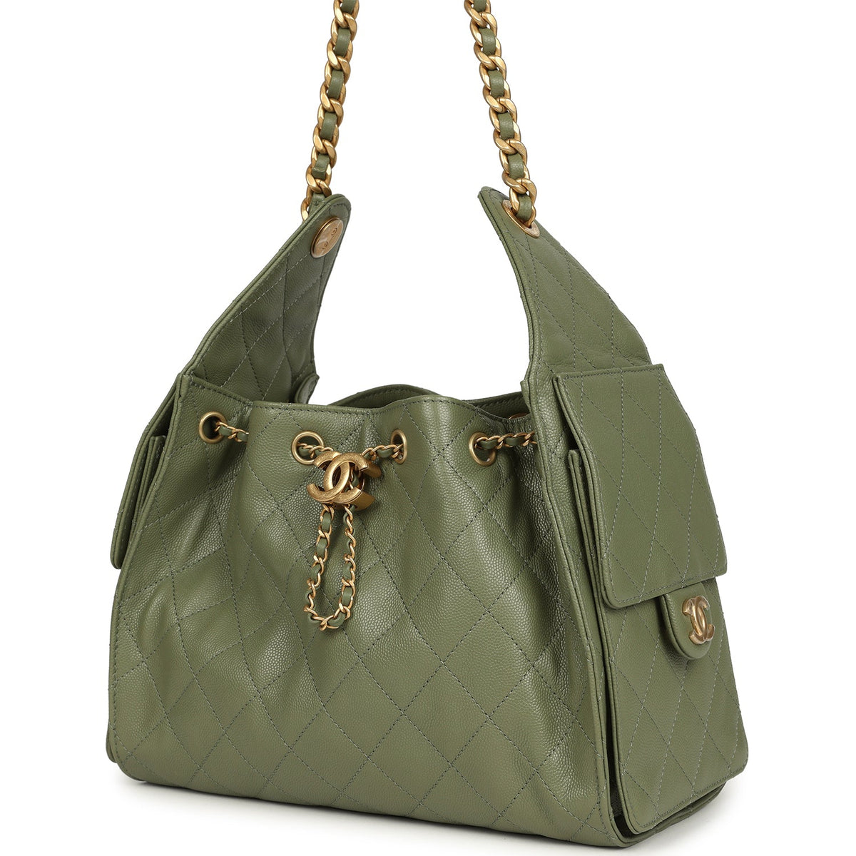 Chanel Small 25 Hobo Bag Green Caviar Antique Gold Hardware