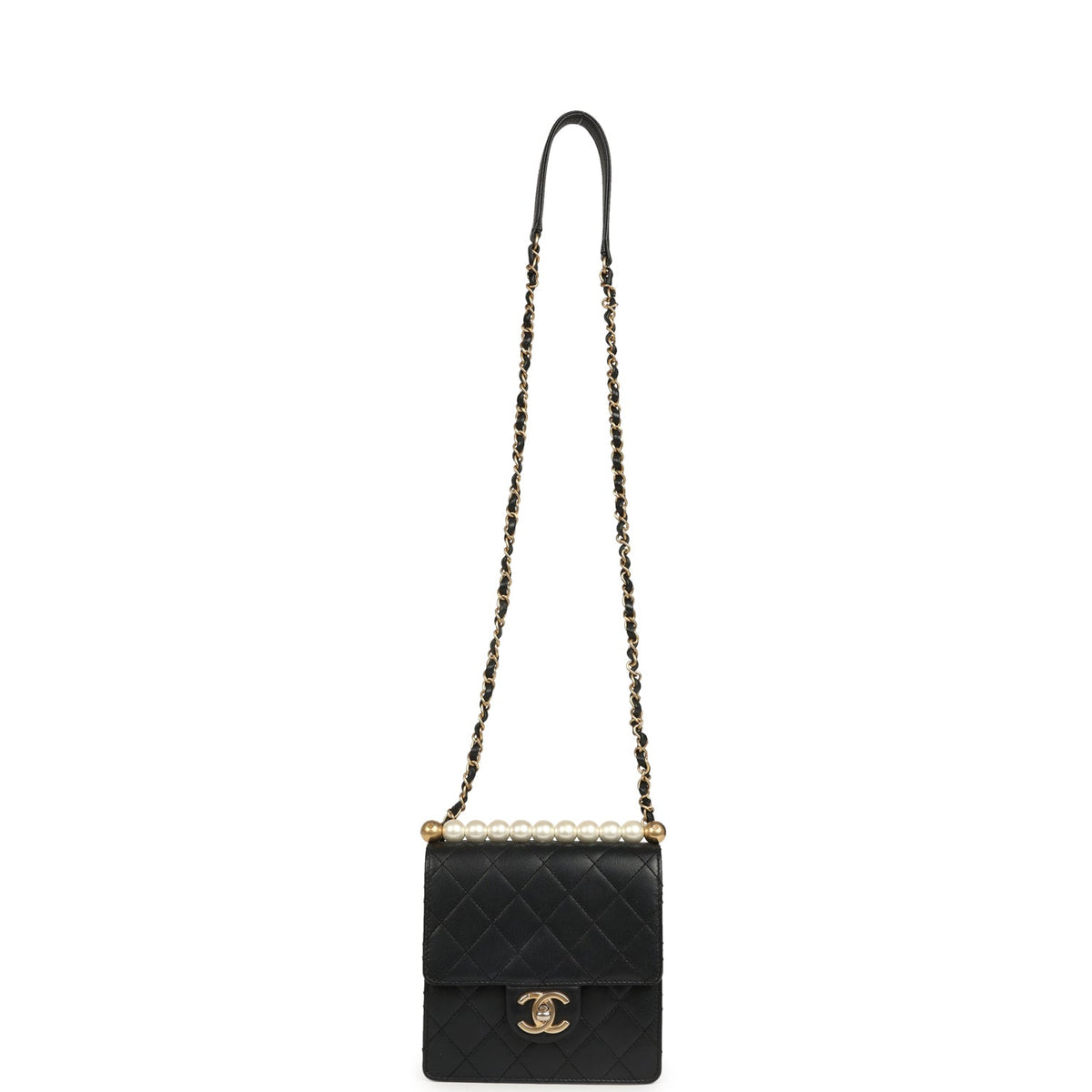 Pre-owned Chanel Chic Pearls Flap Bag Black Calfskin Brushed Gold Hardware