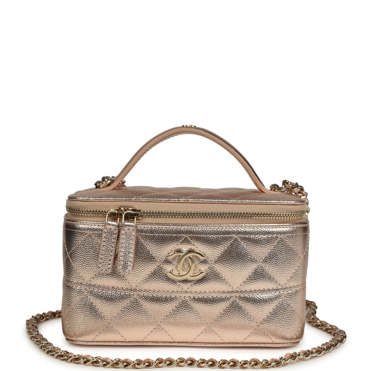 Chanel Small Top Handle Vanity Case With Chain Metallic Copper Shiny Caviar Light Gold Hardware