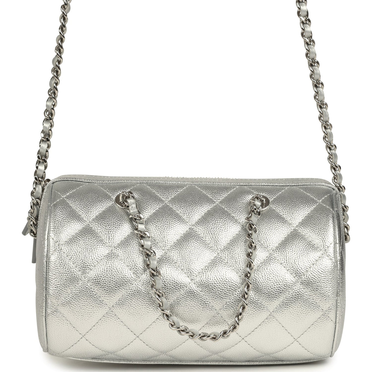 Chanel Mini Timeless Classic Barrel Bag with Chain Metallic Silver Shiny Caviar Silver Hardware
