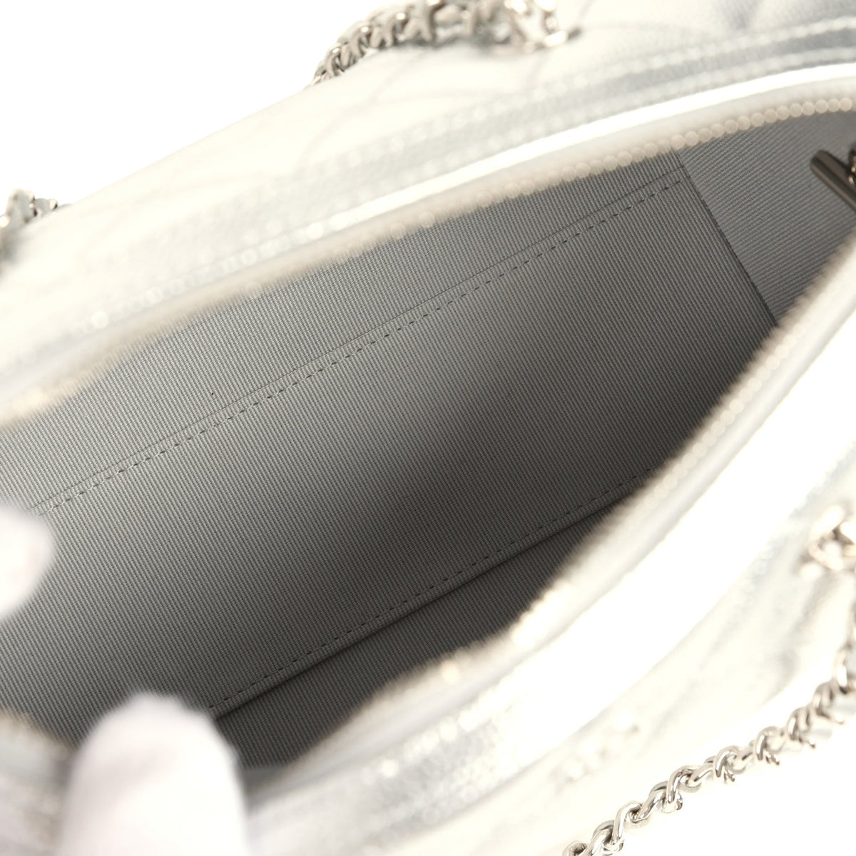 Chanel Mini Timeless Classic Barrel Bag with Chain Metallic Silver Shiny Caviar Silver Hardware