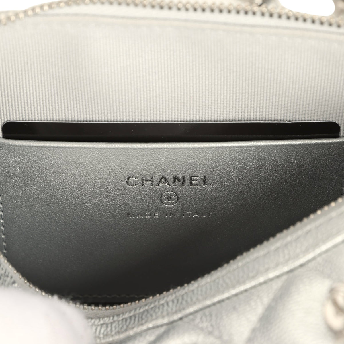 Chanel Mini Timeless Classic Barrel Bag with Chain Metallic Silver Shiny Caviar Silver Hardware