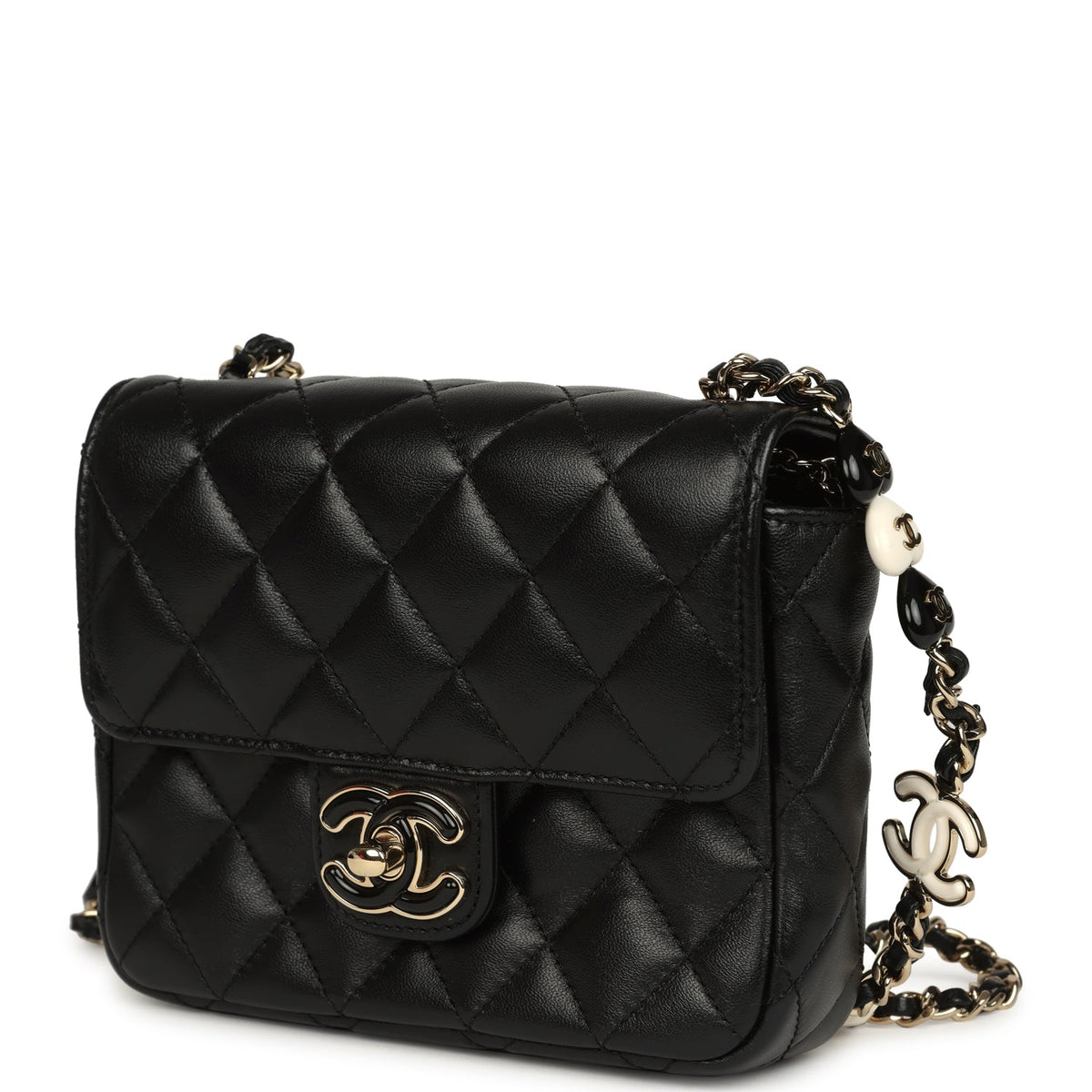 Pre-owned Chanel Heart Charms Mini Square Flap Bag Black Lambskin Enamel Light Gold Hardware
