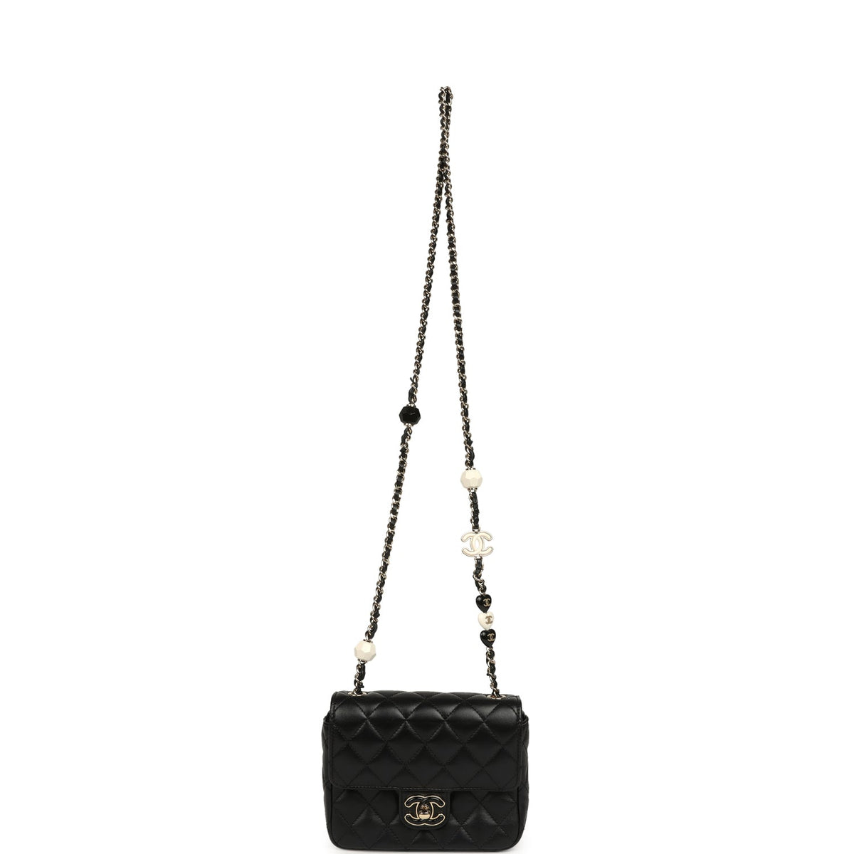 Pre-owned Chanel Heart Charms Mini Square Flap Bag Black Lambskin Enamel Light Gold Hardware