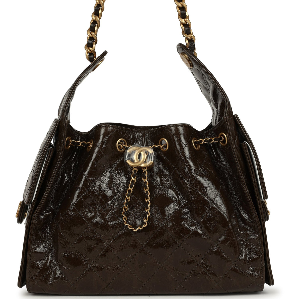 Chanel Small 25 Hobo Bag Khaki Shiny Aged Crumpled Calfskin Antique Gold Hardware