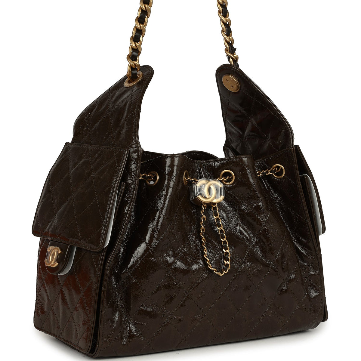 Chanel Small 25 Hobo Bag Khaki Shiny Aged Crumpled Calfskin Antique Gold Hardware