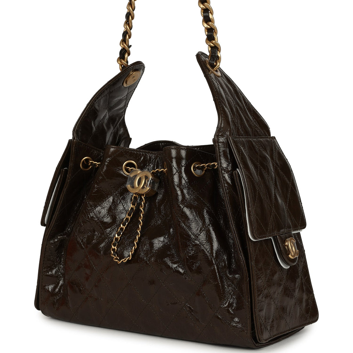 Chanel Small 25 Hobo Bag Khaki Shiny Aged Crumpled Calfskin Antique Gold Hardware