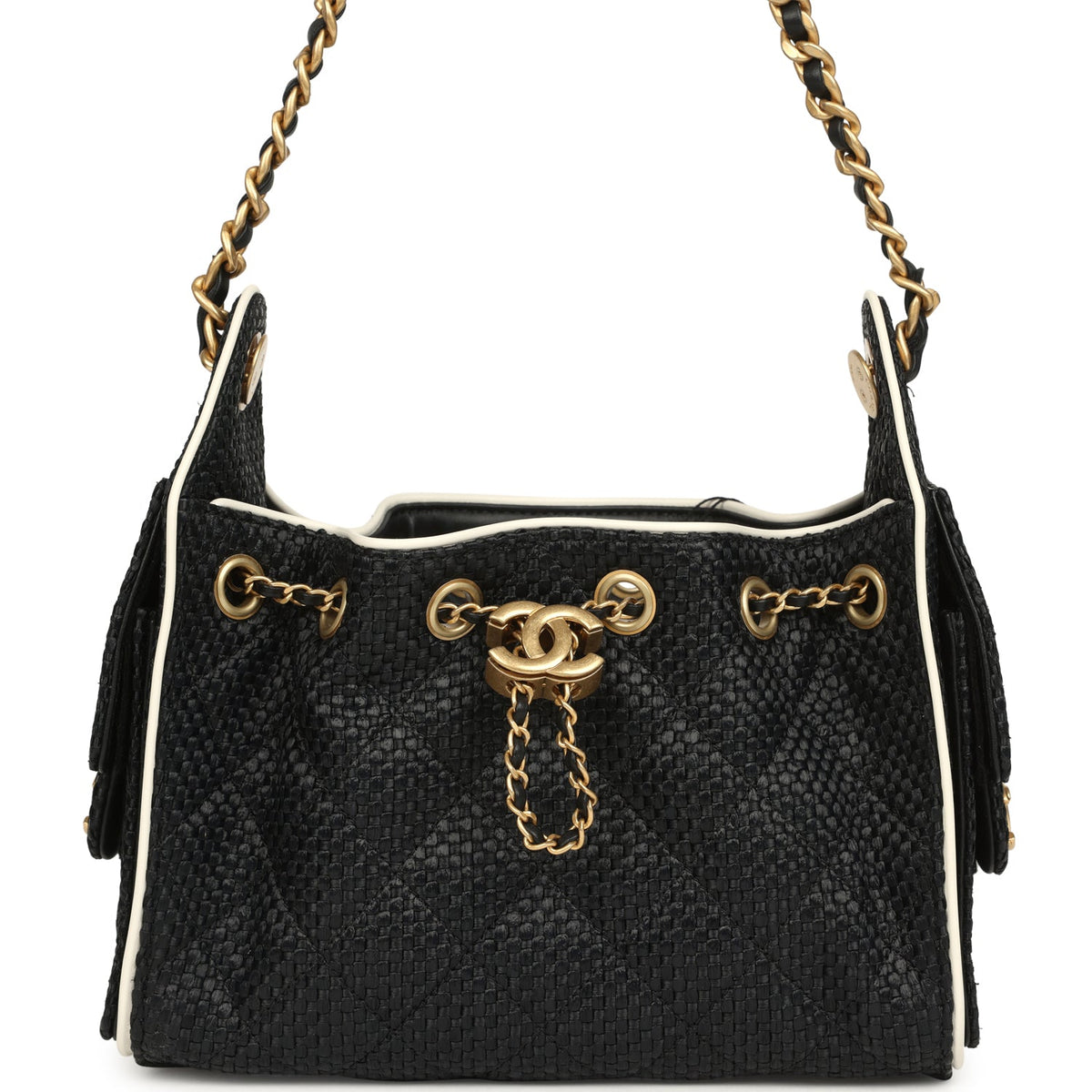 Chanel Mini 25 Hobo Bag Black Raffia and White Calfskin Antique Gold Hardware