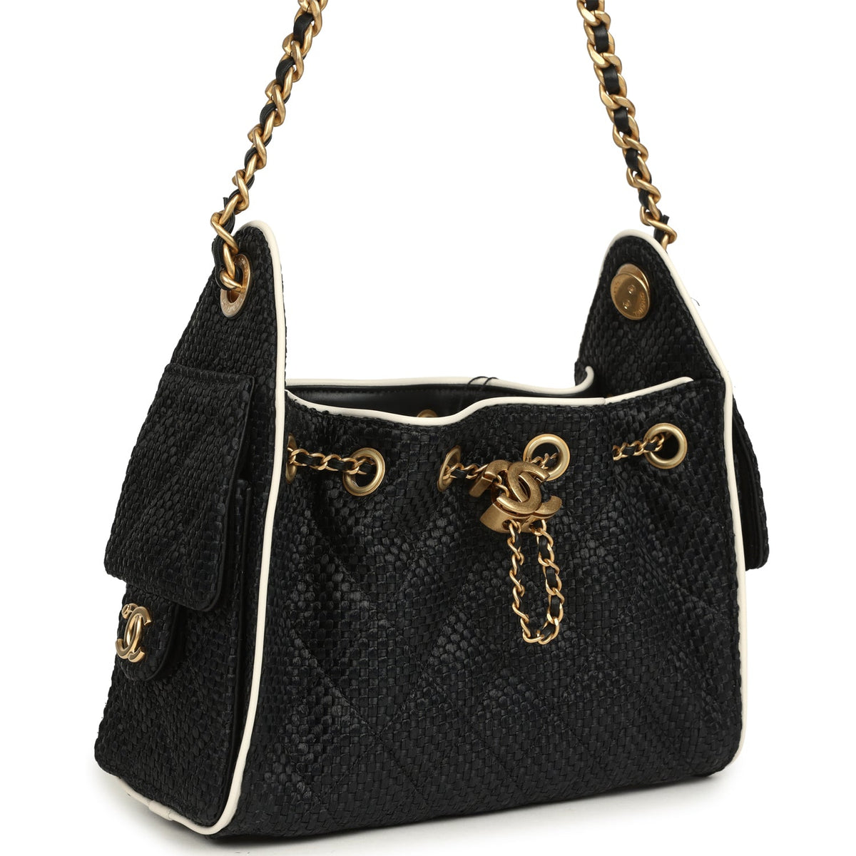 Chanel Mini 25 Hobo Bag Black Raffia and White Calfskin Antique Gold Hardware