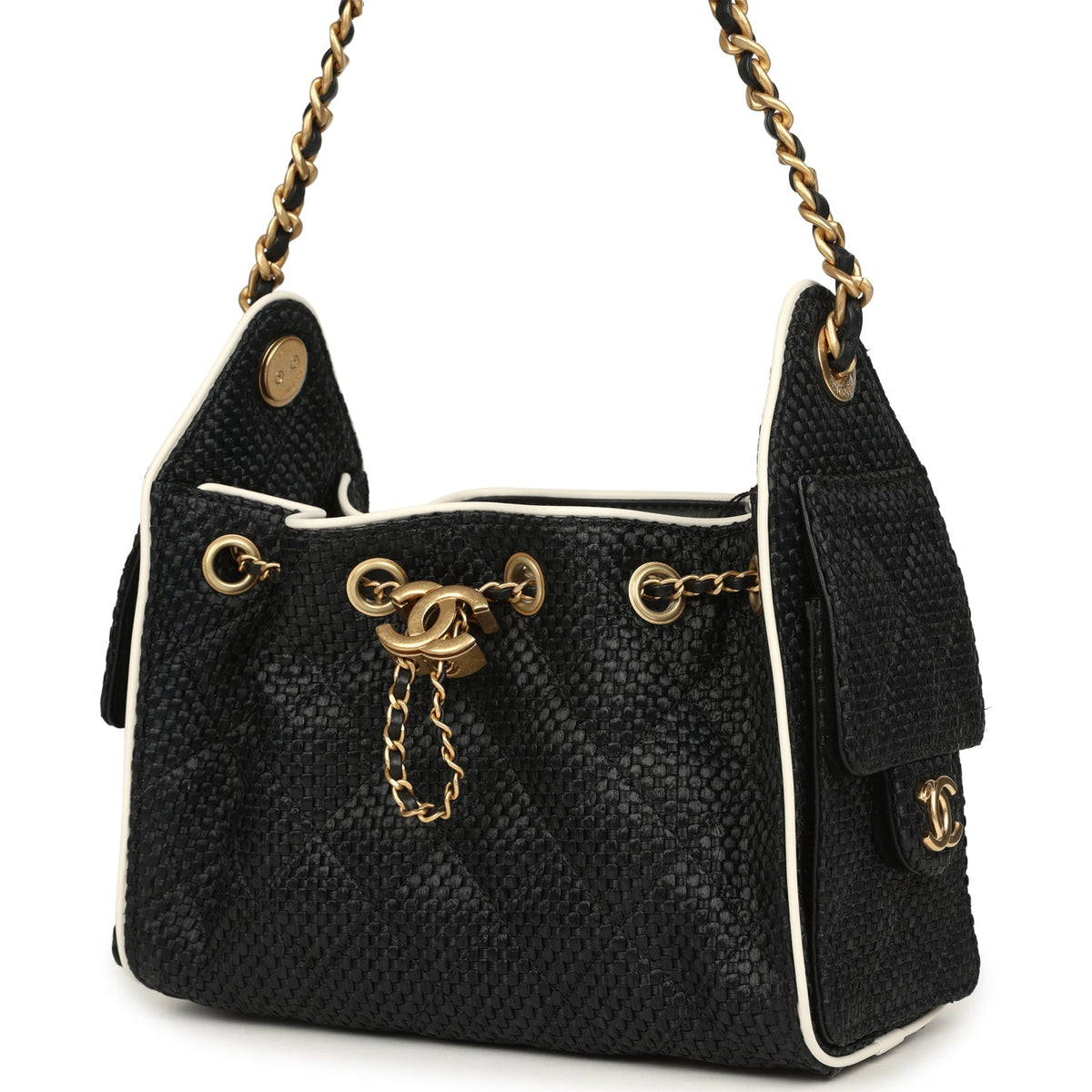 Chanel Mini 25 Hobo Bag Black Raffia and White Calfskin Antique Gold Hardware