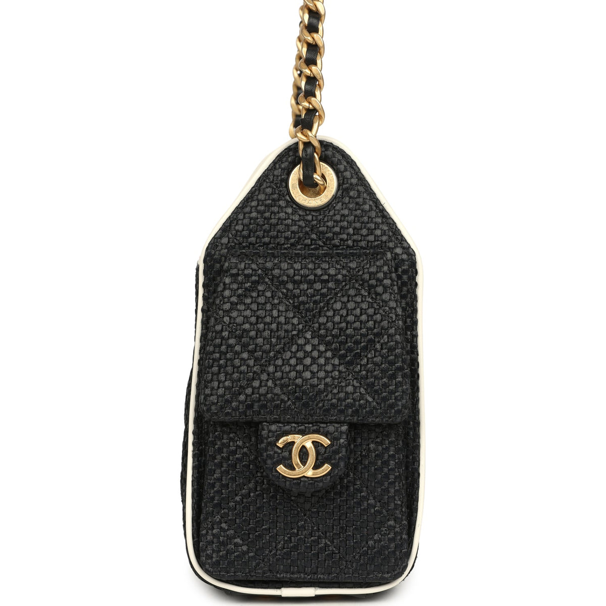 Chanel Mini 25 Hobo Bag Black Raffia and White Calfskin Antique Gold Hardware