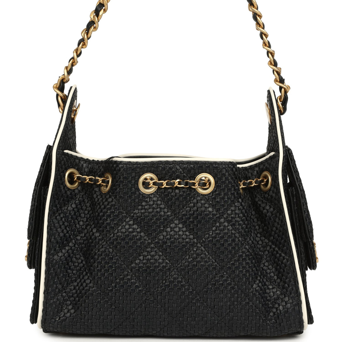 Chanel Mini 25 Hobo Bag Black Raffia and White Calfskin Antique Gold Hardware