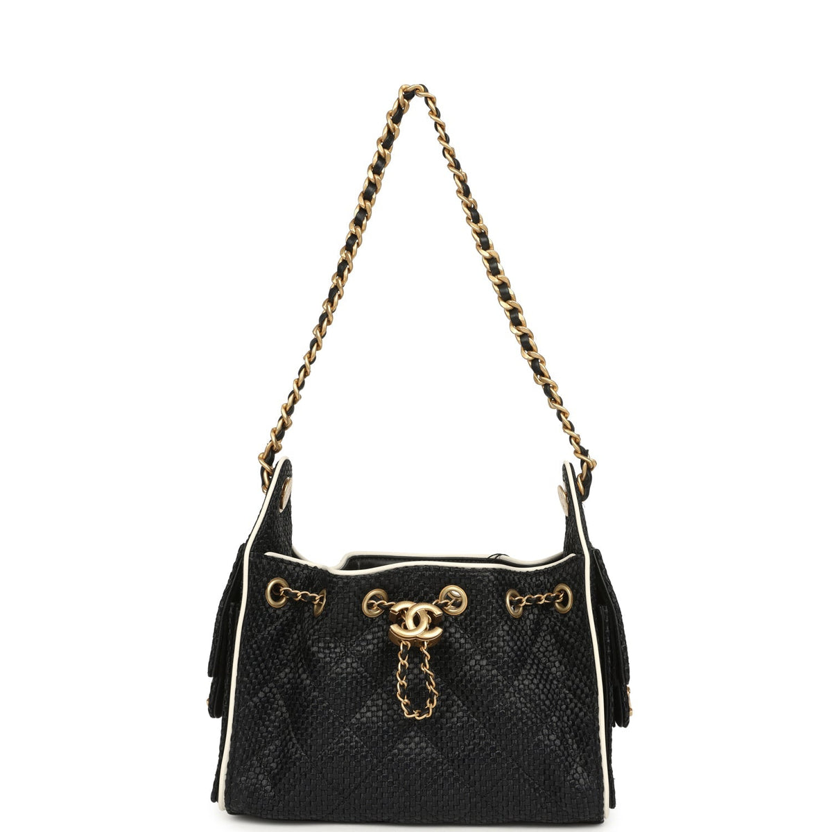 Chanel Mini 25 Hobo Bag Black Raffia and White Calfskin Antique Gold Hardware