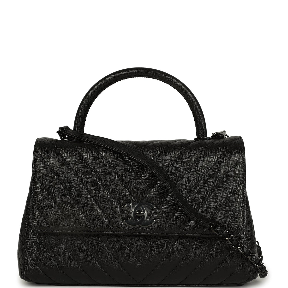 Chanel Medium Chevron Coco Handle So Black Shiny Caviar Black Hardware
