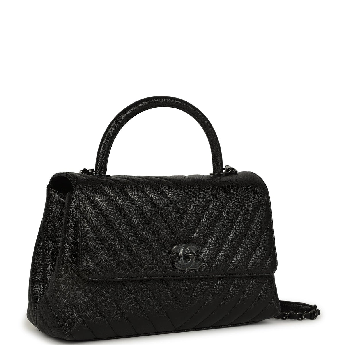 Chanel Medium Chevron Coco Handle So Black Shiny Caviar Black Hardware