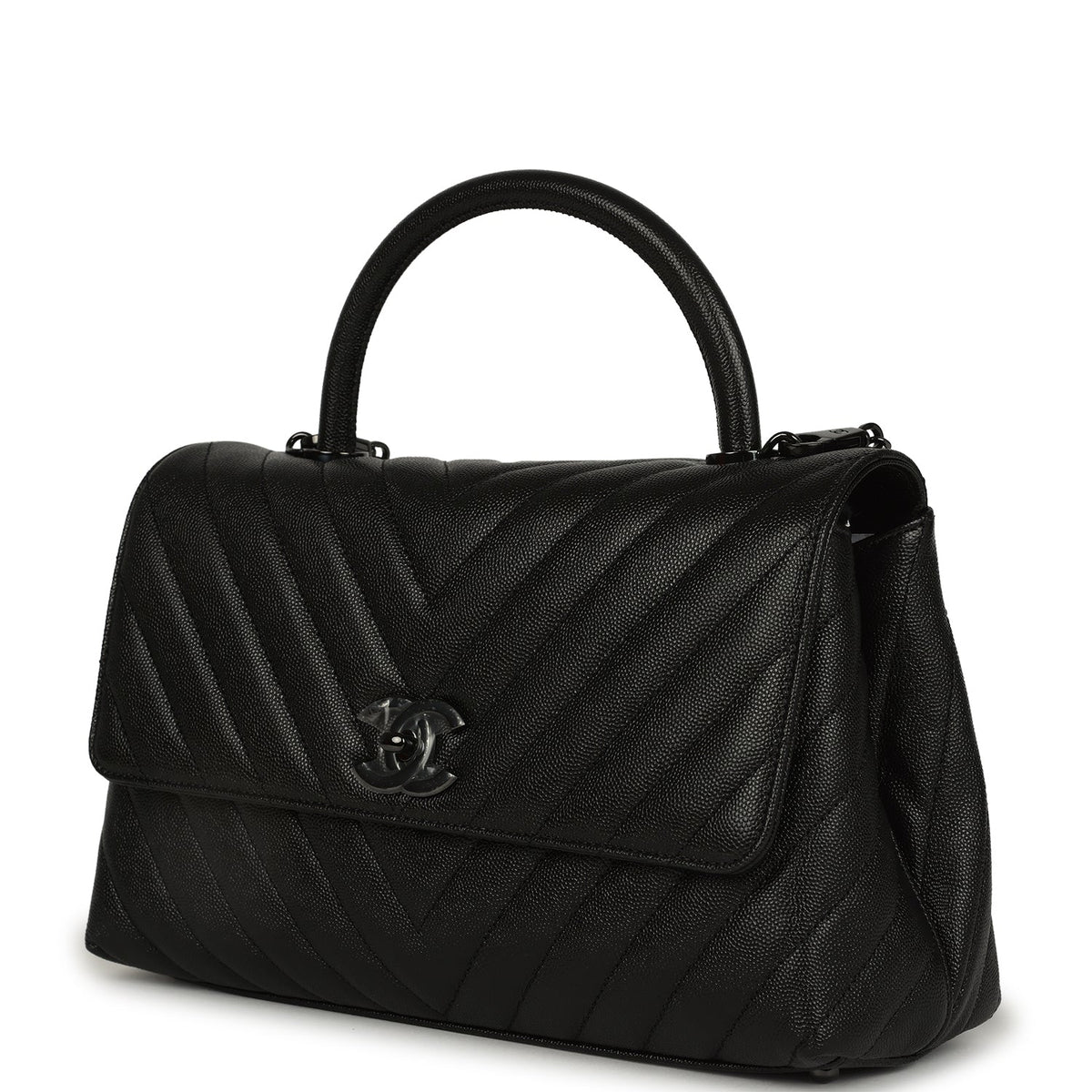Chanel Medium Chevron Coco Handle So Black Shiny Caviar Black Hardware