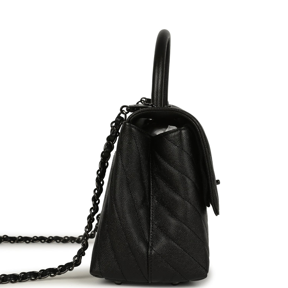 Chanel Medium Chevron Coco Handle So Black Shiny Caviar Black Hardware