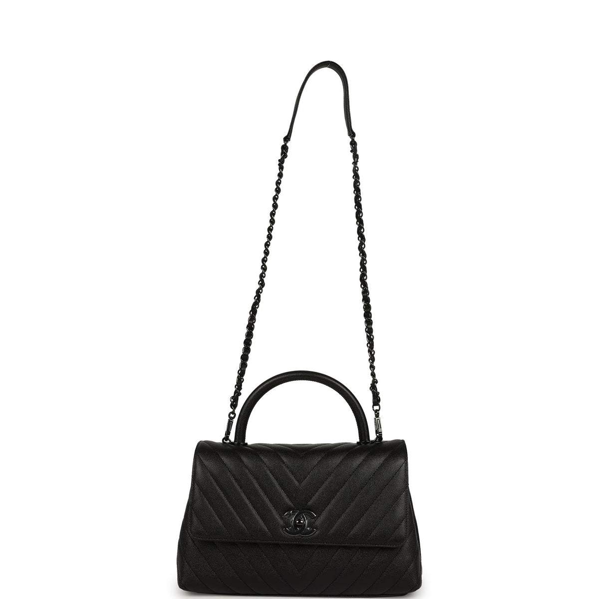Chanel Medium Chevron Coco Handle So Black Shiny Caviar Black Hardware