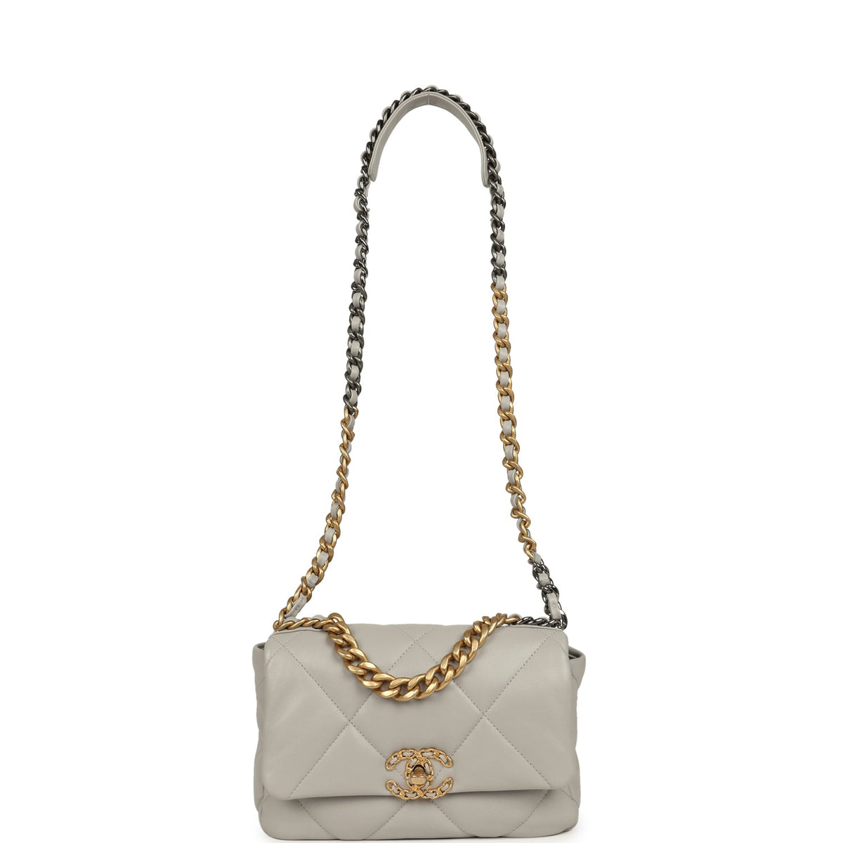 Pre-owned Chanel Medium 19 Flap Bag Grey Shiny Lambskin Mixed Metal Hardware