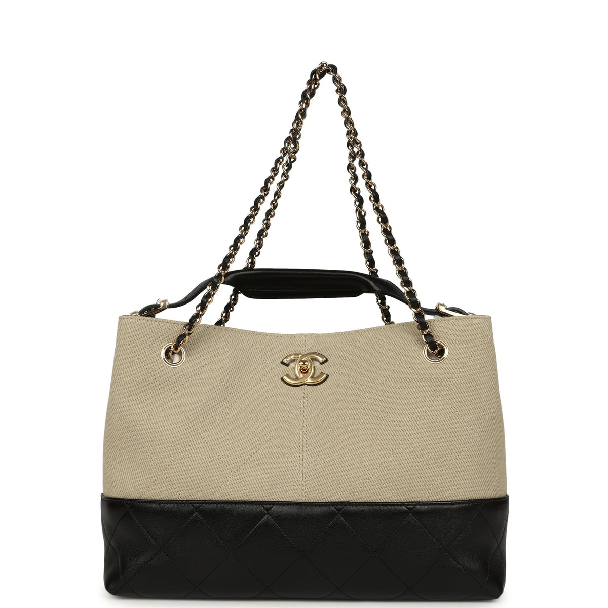 Chanel Small Coco Base Hobo Bag Beige Canvas and Black Shiny Lambskin Gold Hardware