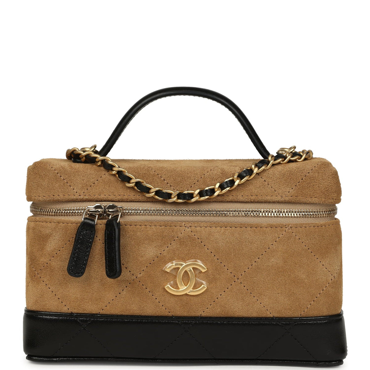 Chanel Coco Base Top Handle Long Vanity Case with Chain Brown Suede and Black Shiny Lambskin Antique Gold Hardware