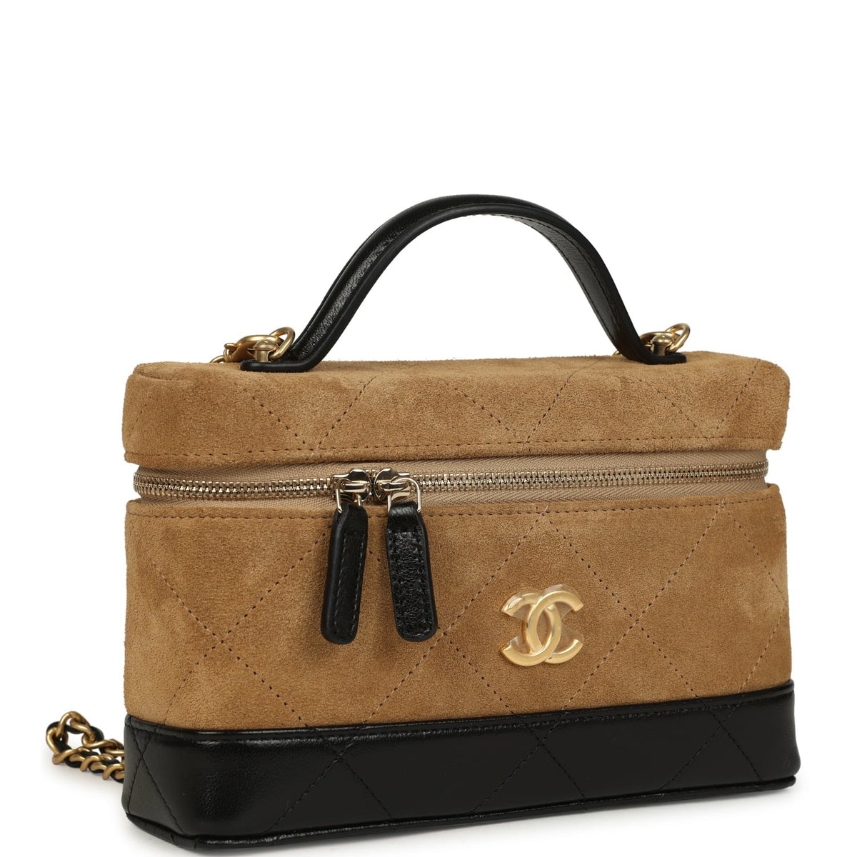 Chanel Coco Base Top Handle Long Vanity Case with Chain Brown Suede and Black Shiny Lambskin Antique Gold Hardware