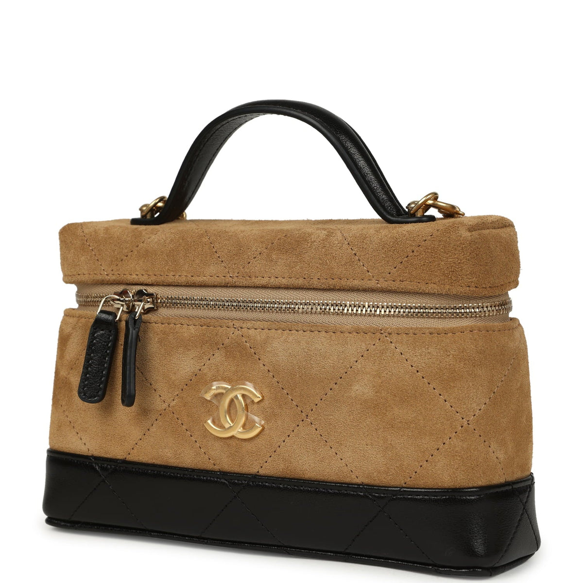 Chanel Coco Base Top Handle Long Vanity Case with Chain Brown Suede and Black Shiny Lambskin Antique Gold Hardware