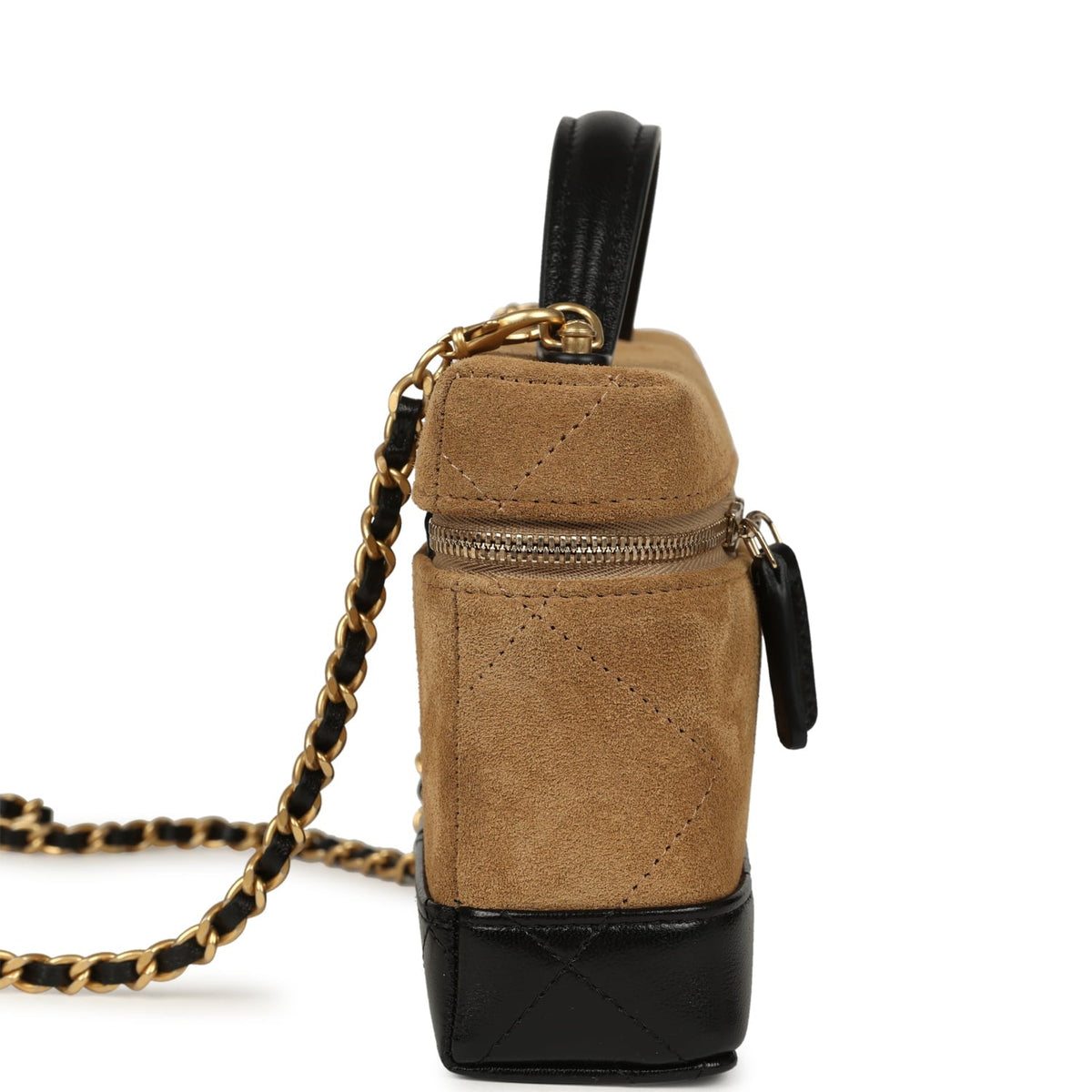 Chanel Coco Base Top Handle Long Vanity Case with Chain Brown Suede and Black Shiny Lambskin Antique Gold Hardware