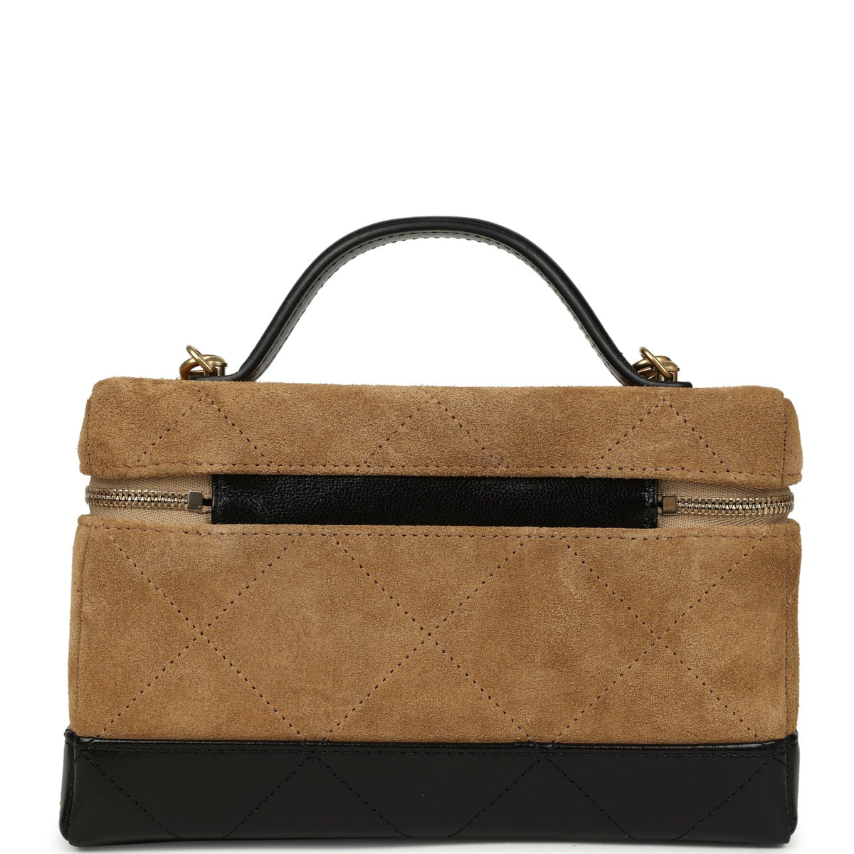 Chanel Coco Base Top Handle Long Vanity Case with Chain Brown Suede and Black Shiny Lambskin Antique Gold Hardware