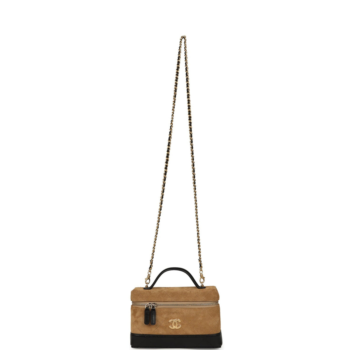 Chanel Coco Base Top Handle Long Vanity Case with Chain Brown Suede and Black Shiny Lambskin Antique Gold Hardware