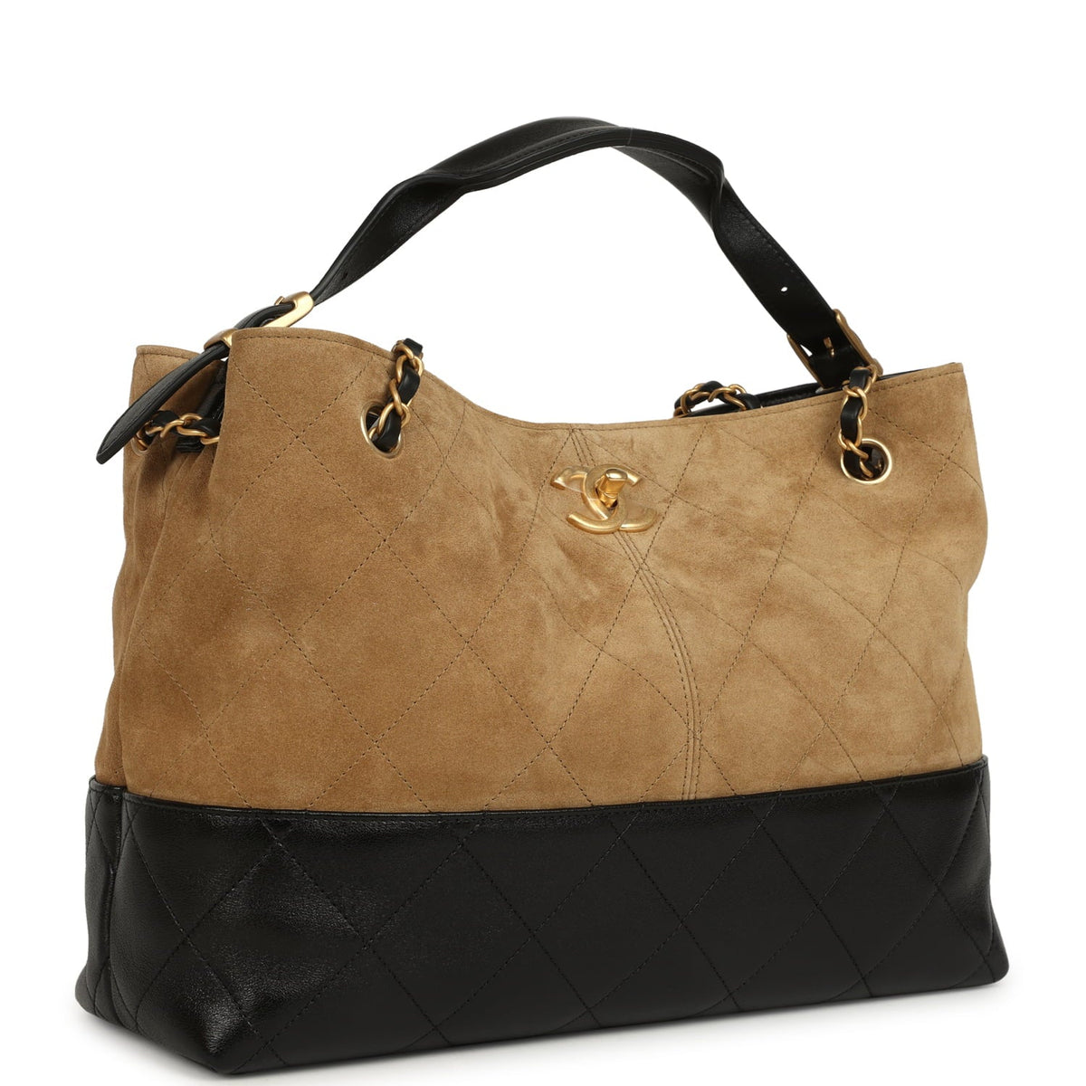 Chanel Small Coco Base Hobo Bag Brown Suede and Black Shiny Lambskin Brushed Gold Hardware