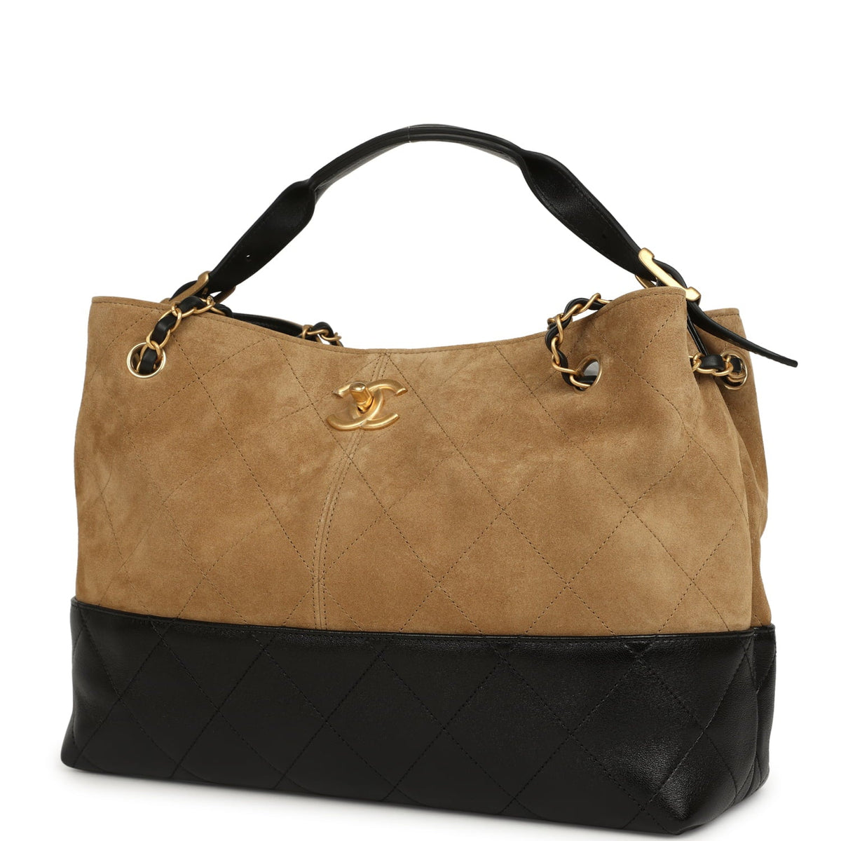 Chanel Small Coco Base Hobo Bag Brown Suede and Black Shiny Lambskin Brushed Gold Hardware