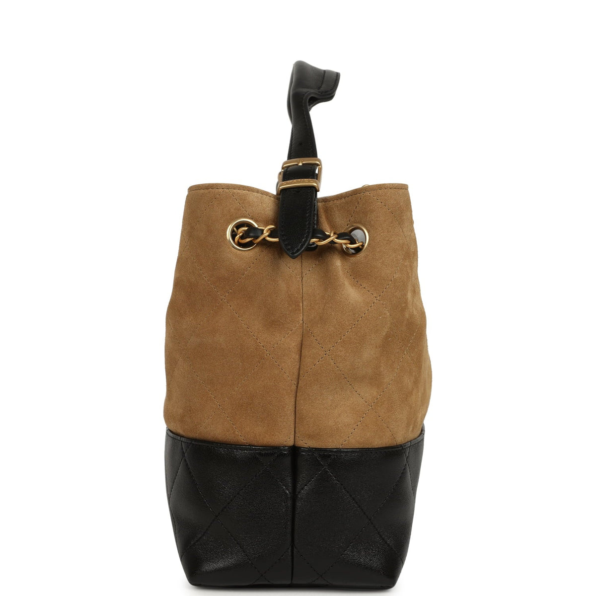Chanel Small Coco Base Hobo Bag Brown Suede and Black Shiny Lambskin Brushed Gold Hardware
